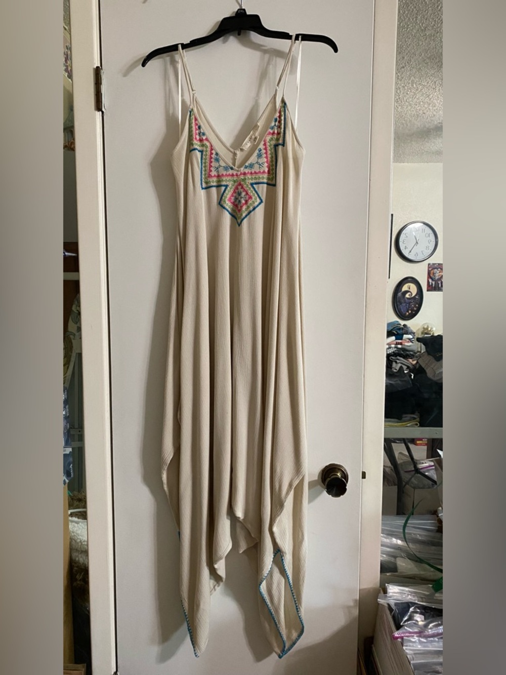 lovestitch Cream Asymmetrical Handkerchief Hem Dress with Multicolor Embroidery